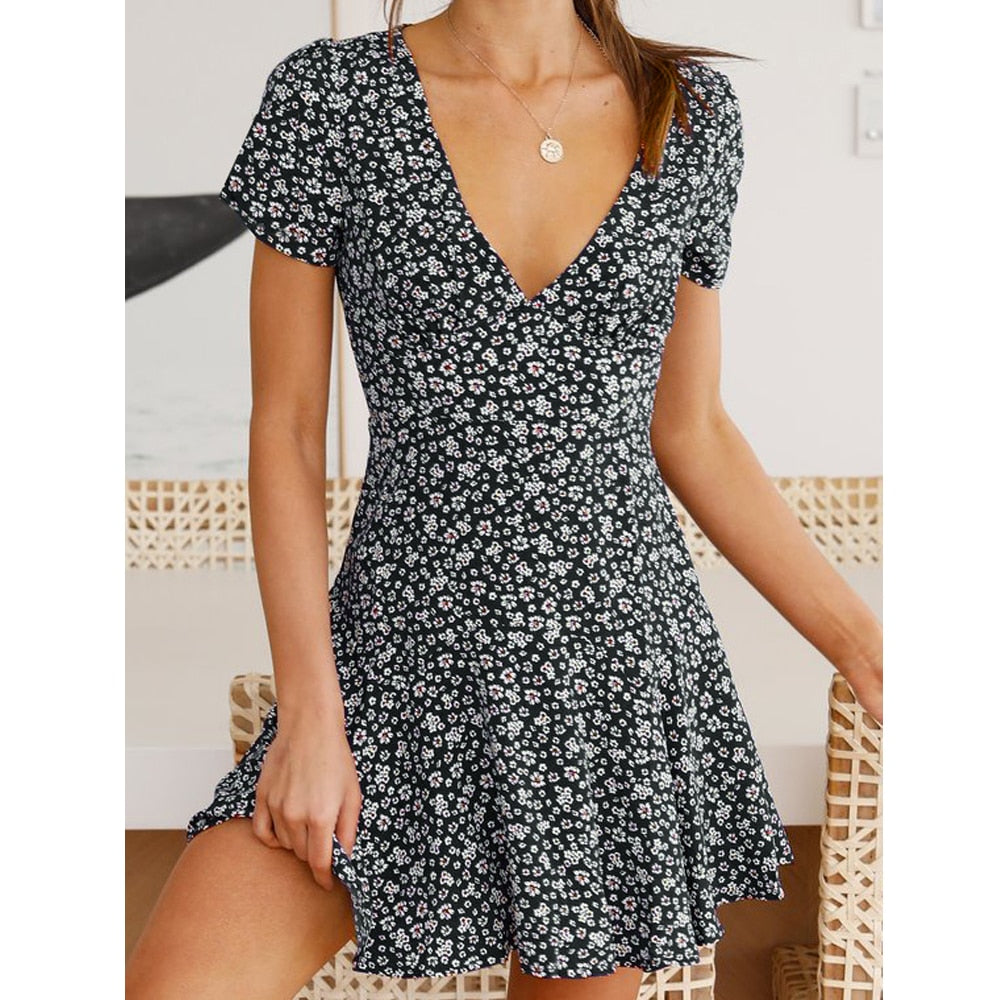 LLYGE Women's Dress Summer V-Neck High Waist Short Dress for Party Holiday Casual Lady Slim Fit Flared Mini Dress A-Line Flowers/Dots