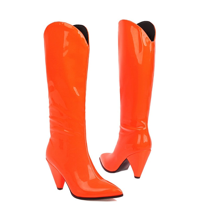 Llyge Rose Red Orange Yellow Black Women Knee High Boots Spike High Heel Slip On Ladies Boots Patent PU Leather Pointed Toe Boots