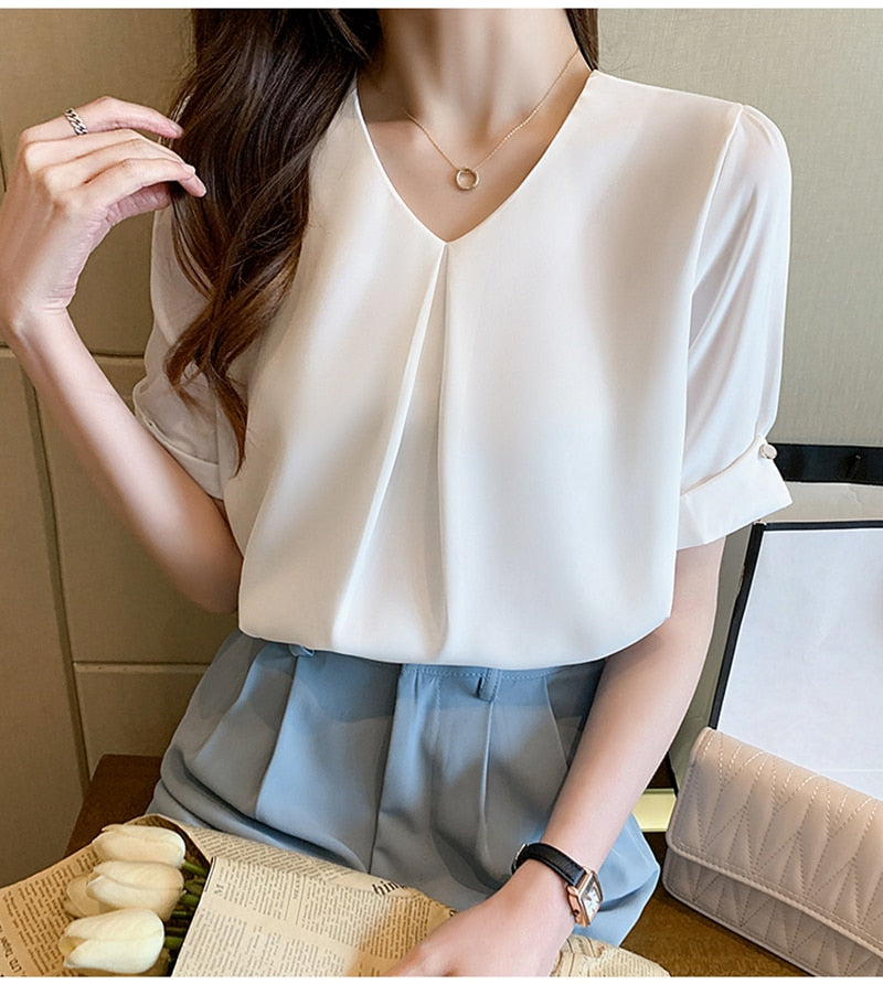 Llyge Elegant Pullovers Tops Shirts Women Chic Cuff Design Beaded White Shirts Work Wear V Neck Short Sleeve Female Blouse 2023 Summer