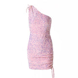 Graduation Prom Llyge Sparkly Pink Sequin One Shoulder Woman Cocktail Mini Dress Ruched Drawstring Bodycon Sleeveless Short Evening Party Dress Summer