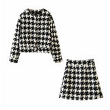 Woman Sweet Purple Loose Houndstooth Coat Suits 2023 Autumn Female High Waisted Plaid Skirt Suit Ladies Skirts Matching Sets