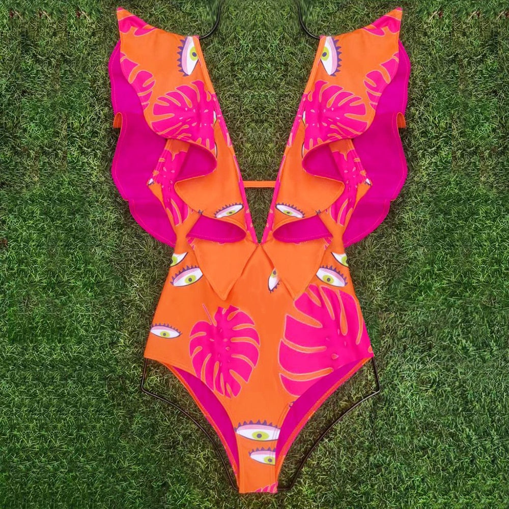 Llyge 2022 New Ruffle One Piece Swimsuit Off The Shoulder Swimwear Women Deep-V Bathing Suit Bodysuit Beach Wear Swim Suit Monokini