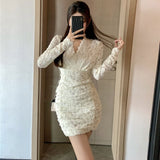 Llyge  2023   Lace Dresses Autumn Winter New Women V-Neck Slim Temperament Long Sleeve Dress  Korean Female High Waist Office Dresses