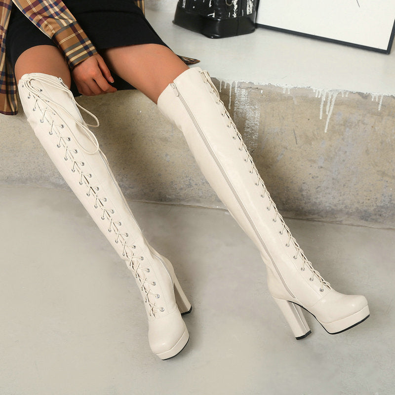 Llyge PU Leather Women Over The Knee Boots Platform Square High Heel Ladies Long Boots Fashion Cross Tied Women Winter Shoes Beige