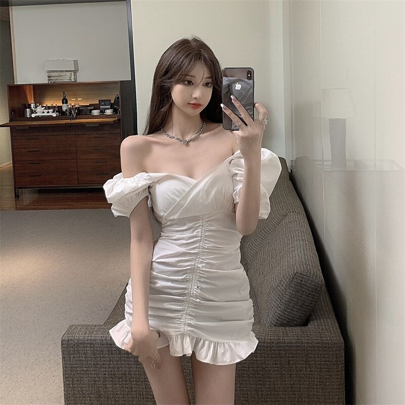 Llyge  2023 Summer Women Princess Style Mini Party Dress Elegant V Neck Slim White Black Korean Chic Short Dress Puff Sleeve Fold DressLlyge  2023