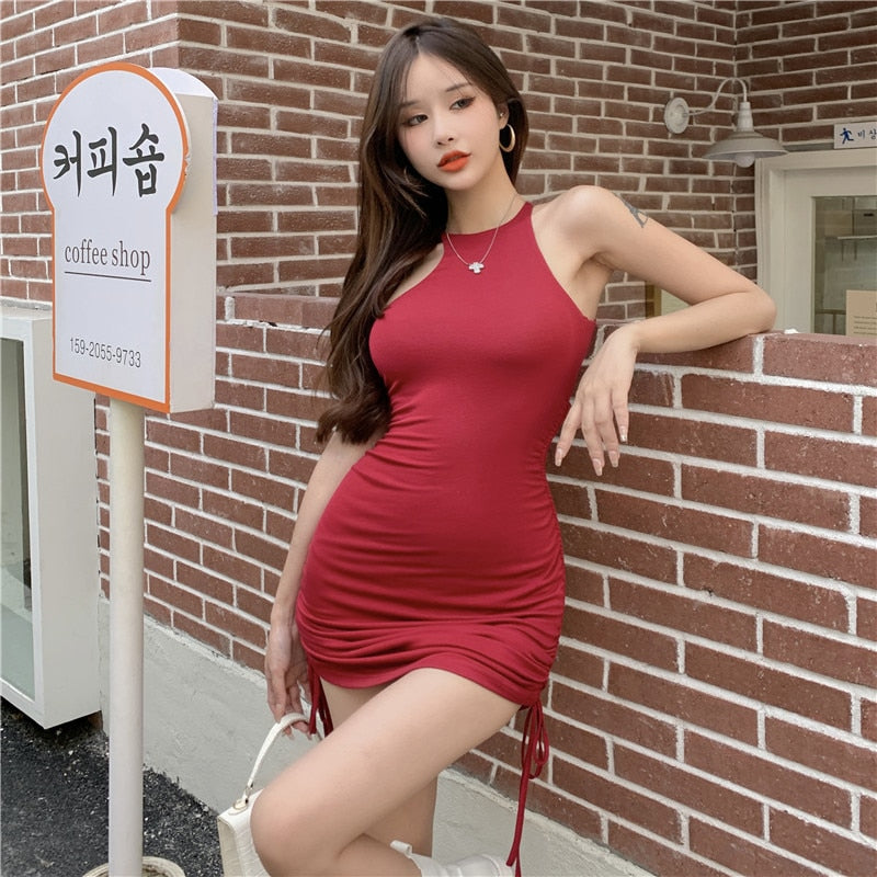 Llyge  2023  Summer New Korean Women Street Blasting Machine  Dress Open Back Drawstring Design Feeling Tight Buttock Vest Dress