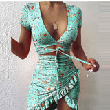 Llyge christmas gift new floral print fashion tie up wrap mini dress 2023 summer holiday ruffles sundress ruched womens dress short sleeve
