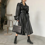 Llyge Long oversized leather trench coat for women long sleeve lapel loose fit Fall Stylish black women clothing streetwear