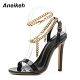 Graduation Gift Llyge  PU Shallow High Heel Sandals Women Summer 2023 NEW Pointed Toe Metal Chain Shoes Fashion Buckle Strap Party Sewing