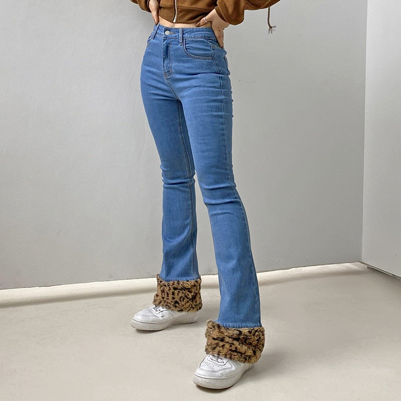Llyge Patchwork Leopard Boot Cut Jeans Women Vintage Y2K Aesthetic 90S Streetwear Denim Trousers Low Waist Slim Flare Pants