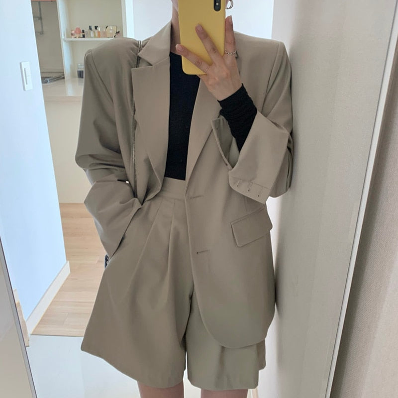 Llyge 2022 Spring Summer Women Korean Blazer Shorts 2 Piece Set Office Suits Business Casual Loose Jacket Outfits