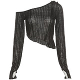 Llyge Irregular Crop Top Women T-Shirt Skew Collar Long Sleeve Mesh Tops See Through Off Shoulder Clubwear Translucent