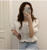 Llyge  Color-Hit Sweet Fashion Chic Office Ladies Summer Women Sailor Collar Tops Short-Sleeved All-Match Shirts Lace Blouse