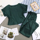 Llyge Green Brown Women Sleepwear 2 Piece Set Round Neck Short Sleeve Top Solid Loose Pants Satin Home Wear Casual Suit Sets