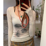 Llyge Korean Style Mesh Top Women Tie Dye Printed See Through T Shirt  Slim Translucent Sheer Tops Grunge Tshirts Japanese