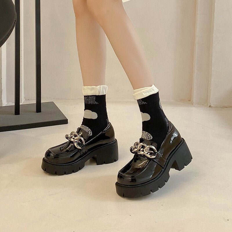 Metal Chain Casual Women Oxford Shoes Woman Solid Black PU Leather Zapatos De Mujer Slip on Pumps Round Toe Platform Shoes Woman