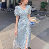 Llyge  Graduation Party Summer 2022 French Vintage Floral Dress Women Blue Split Design Sweet Kawaii Dress Female Casual Korean Puff Sleeve Party Dress