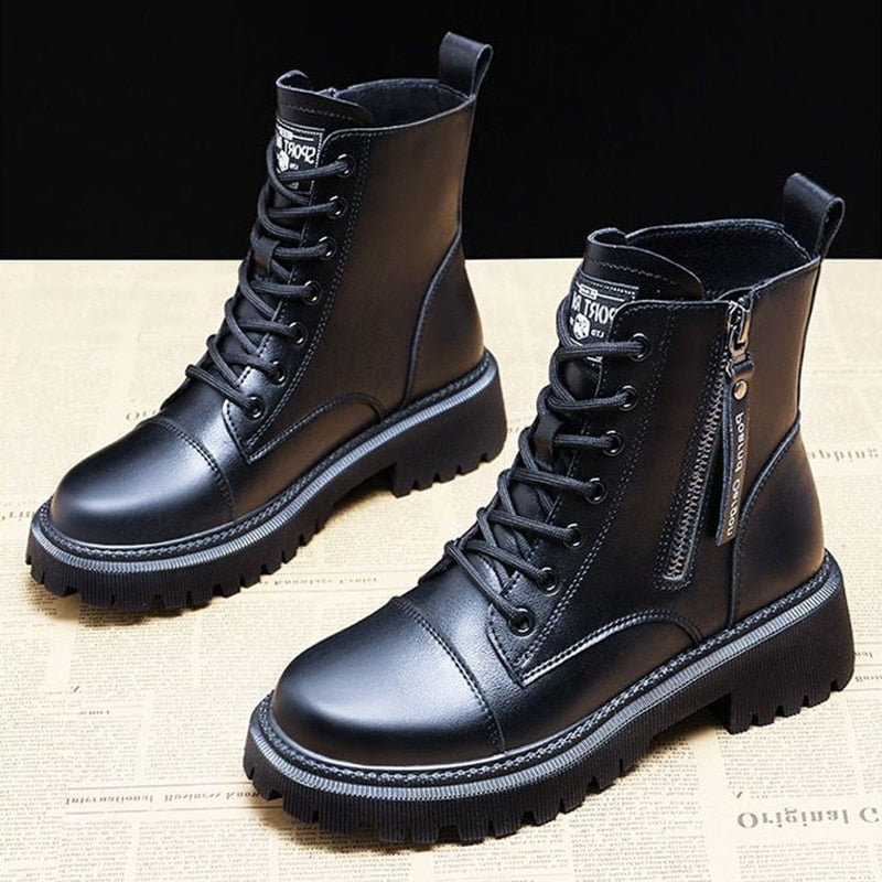 Llyge 2023 Booties Woman  Winter Thicken Warm Fashion Round Toe Short Balck Leather Ankle Boots Women Casual Platform Shoes Botas Mujer
