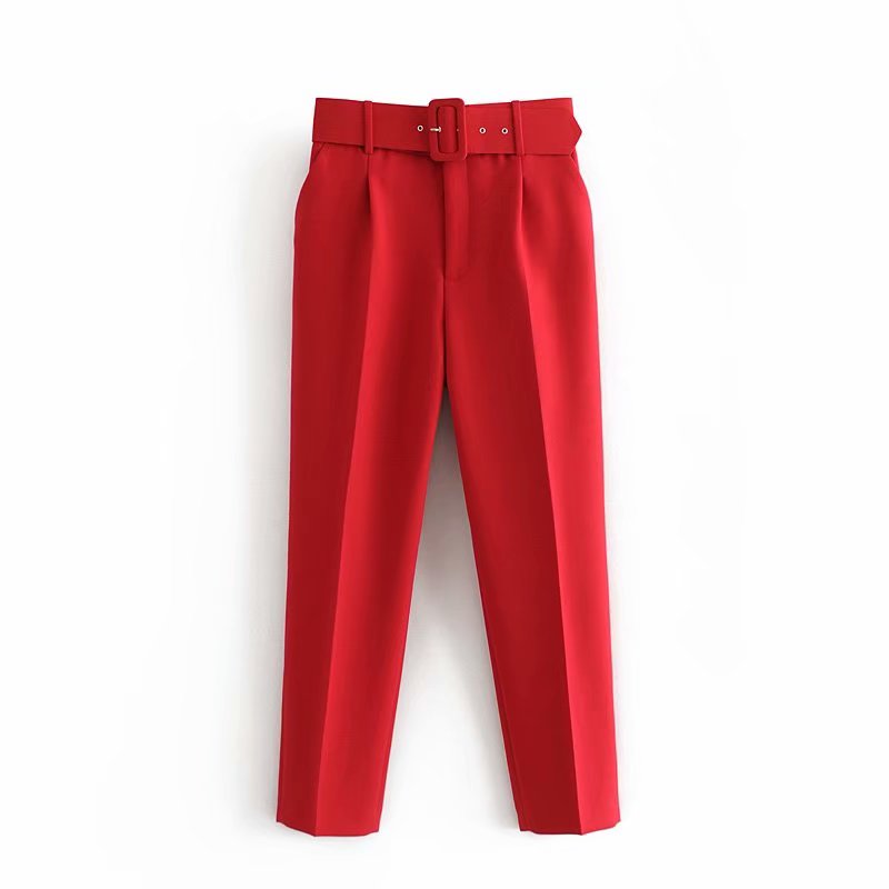 Christmas Gift Women fashion solid color sashes casual slim pants chic business Trousers female fake zipper pantalones mujer retro pants P575