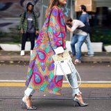 llyge 2023  Autumn Vintage Colorful Block Print Women Long Coat  Fashion Long Lantern Sleeve Jacket Plus Size Female Elegant Windbreaker
