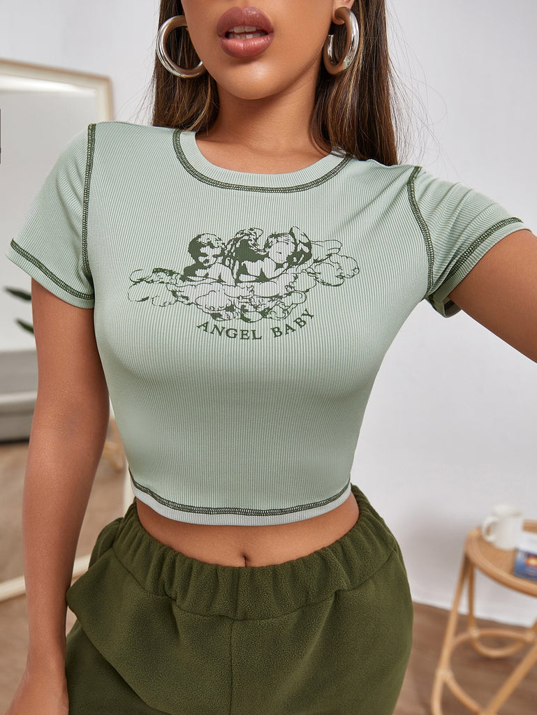 Llyge 2023 New Fashion Casual Women's Clothing Women's Little Angel Print T-Shirts Short Sleeve Round Neck Contrast Stitch Crop Tops