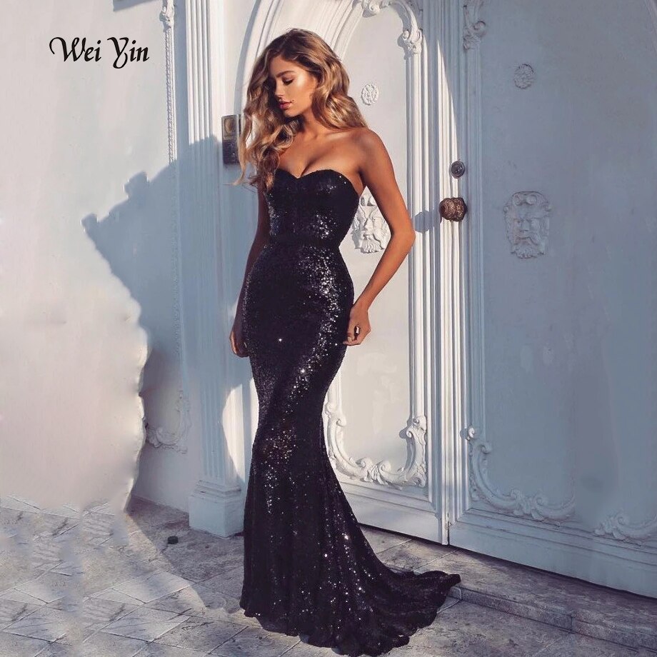 Graduation Prom Llyge  Black Sequined Party Gown Spaghetti Straps Evening Gown  Mermaid  Prom Dresses Long Robe De Soiree