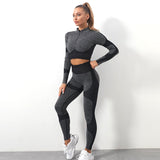 LLYGE Luxury Women Fitness Clothing 2PC Seamless Long Sleeve Zipper Coat With High Waist Tights Workout Suit Ropa Deportiva Mujer