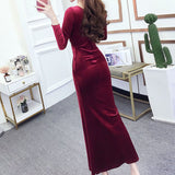 llyge2023  Velvet Maxi Dress Women Spring Solid V-Neck Thin Split High Waist Dresses Ladies Korean Fashion  Clothing Free Shipping