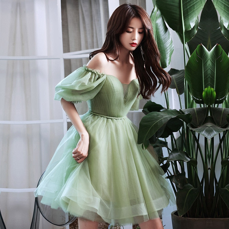 Llyge 2023 Green Puff Sleeve V-Neck Short Women Evening Dress High Waist Solid Lace Up Princess Dress Summer New Birthday Party Prom Gowns
