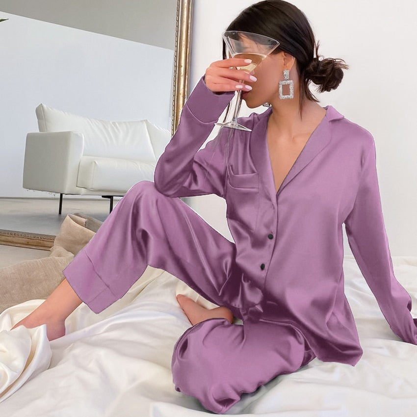 Llyge Blue Women Pajamas Turndown Collar Pocket Long Sleeve Casual Pants 2 Piece Set Sleepwear Female Home Suit Sets Nightwear