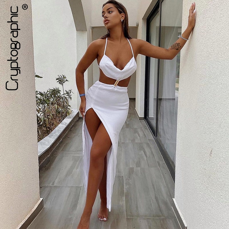 Graduation Party dress  Llyge Straps  Backless Split Maxi Dress Summer Holiday Elegant Cut Out Sleeveless Dresses Evening Club Party Solid