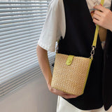 LLYGE High Quality Straw Woven Bag Casual Fashion Woven Bucket Bag 2023 New Summer Vacation Wild Single Shoulder Messenger Bag Female