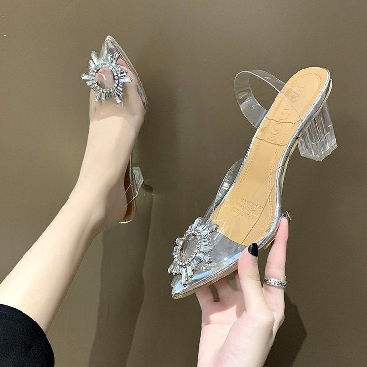 Llyge 2022 Summer New Rhinestone Transparent Crystal Shoes Low Heel Pointed Toe Baotou Sandals Women's Shoes Large Size 34-43