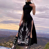 Llyge  Women's High Split Dress Gothic Style Sleeveless Long Dress Turtleneck Vintage Ladies Sheath Club Long Dress Sundress