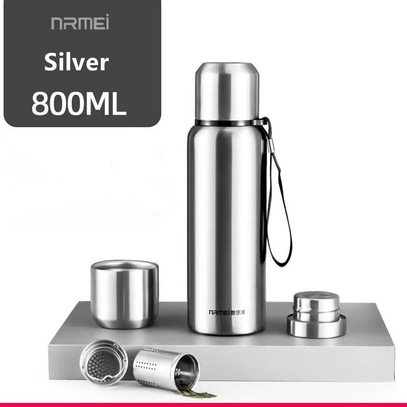 Llyge  2023 Thermos Stainless Steel Vacuum Flask Outdoor Portable Car Coffee Water Bottle Rope Filter Insulated Bottle 600/800/1000/1500ML