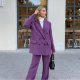 LLYGE Woman Elegant Purple Double Breasted Blazer Suit 2023 Autumn Female High Waisted Straight Pants Suits Ladies Loose 2 Pcs Sets