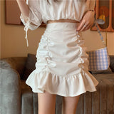 Llyge White All Match Women Skirt High Waist and Thin Ruffles Solid Mini Skirt A Line Bag Hip Skirt  Korean Fashion New