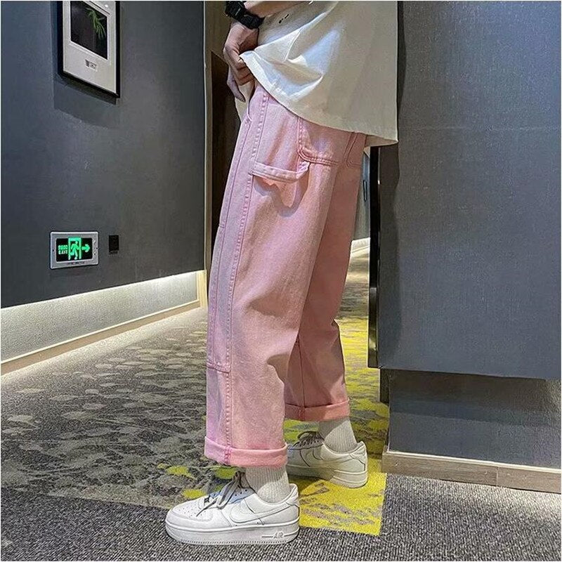 Llyge 2023 Straight Harem Jeans Summer Pink/Blue Korean Man Loose Denim Trousers Streetwear Male Casual Pants Men's Solid Color S-3XL