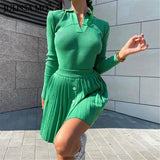 LLYGE Women Fashion Knitted Two Piece Set 2022 Autumn Long Sleeve Skinny Shirt Top Pleated Skirt Suit Ladies Elegant Outfit