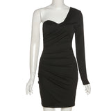 LLYGE One Shoulder Long Sleeve  Backless Bodycon Dress For Women Elegant Black Evening Party Bandage Mini Dresses Spring Autumn