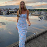 Llyge 2023  Elegant Floral Print Summer Dress for Women Sleeveless Maxi Sundress  Backless Tie Women's Dresses Party Club Holiday