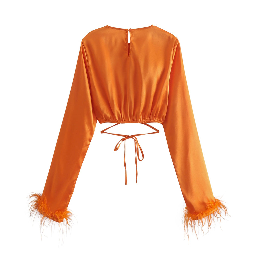 LLYGE  2023  Soid Orange Satin Crop Top Women Y2K Front Bow Tie Up Slim Low Cut Long Sleeve With  Furry Feathers Blouses