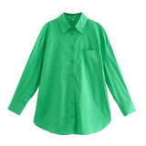 LLYGE 2023 Women Chic Green Oversized Long Autumn Shirts Solid Single Button Casual Blouses Long Sleeve Elegant Mujer Tops