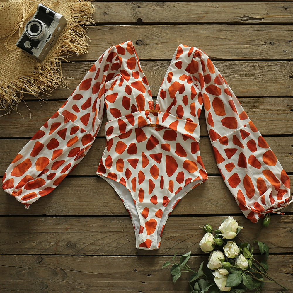 Llyge  Colorful Leopard One Piece Swimsuit 2023 Swimwear Women Long Sleeve Bather Bathing Suit Beachwear High Waist Biquini Female