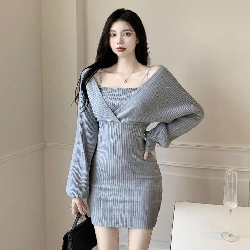 Llyge  2023  Autumn Winter New Women knitting Sling V-neck  Slim bodycon dress  Korean High waist Fake two Long sleeve Dress Vestidos
