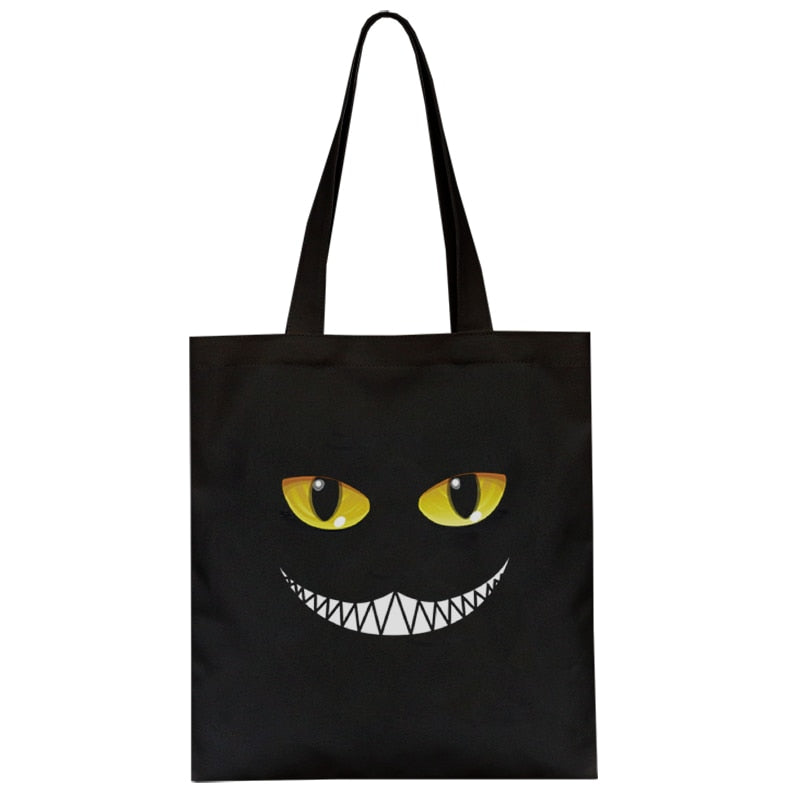 Special Cartoon Cat Print Black Canvas Bag For Women Fun Casual Large Capacity Shopping Bag Eco Fashion Totebag Cute Shopper Bag
