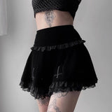 LLYGE Goth Cross Black Skirt Vintage Lace Trim A Line Mini Skirt Gothic Grunge Y2K High Waist Ruffle Summer Skirt Women 2023