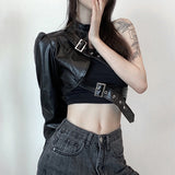 Llyge 2023 Graduation party  Punk  PU Cropped Jacket Autumn Spring Clothes Gothic Black Leather Irregular Buckle Outwear Streetwear One Shoulder Coats