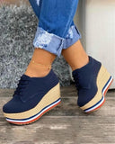 Llyge Vulcanize Shoes Women Sneakers Ladies Solid Color Wedge Thick Shoes Round Toe Lace-Up Comfortable Platform Sneakers 2023 Fashion