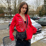 LLYGE Rhinestone Skeleton Zip Up Oversized Sweatshirts 2022 Summer Goth Hoodies Women Grunge Hooded Jacket Streetwear Retro Clothe